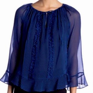 💙 DVF 100% Silk Striped Black & Blue Sheer Blouse 🖤